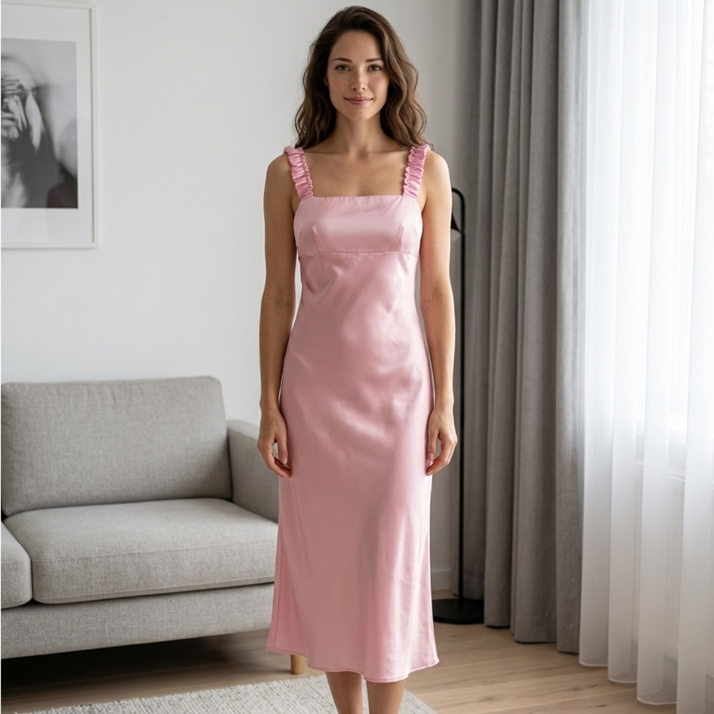 Amanda Uprichard Hayley Satin Midi Slip Dress - Square Neck Ruffle Strap - S